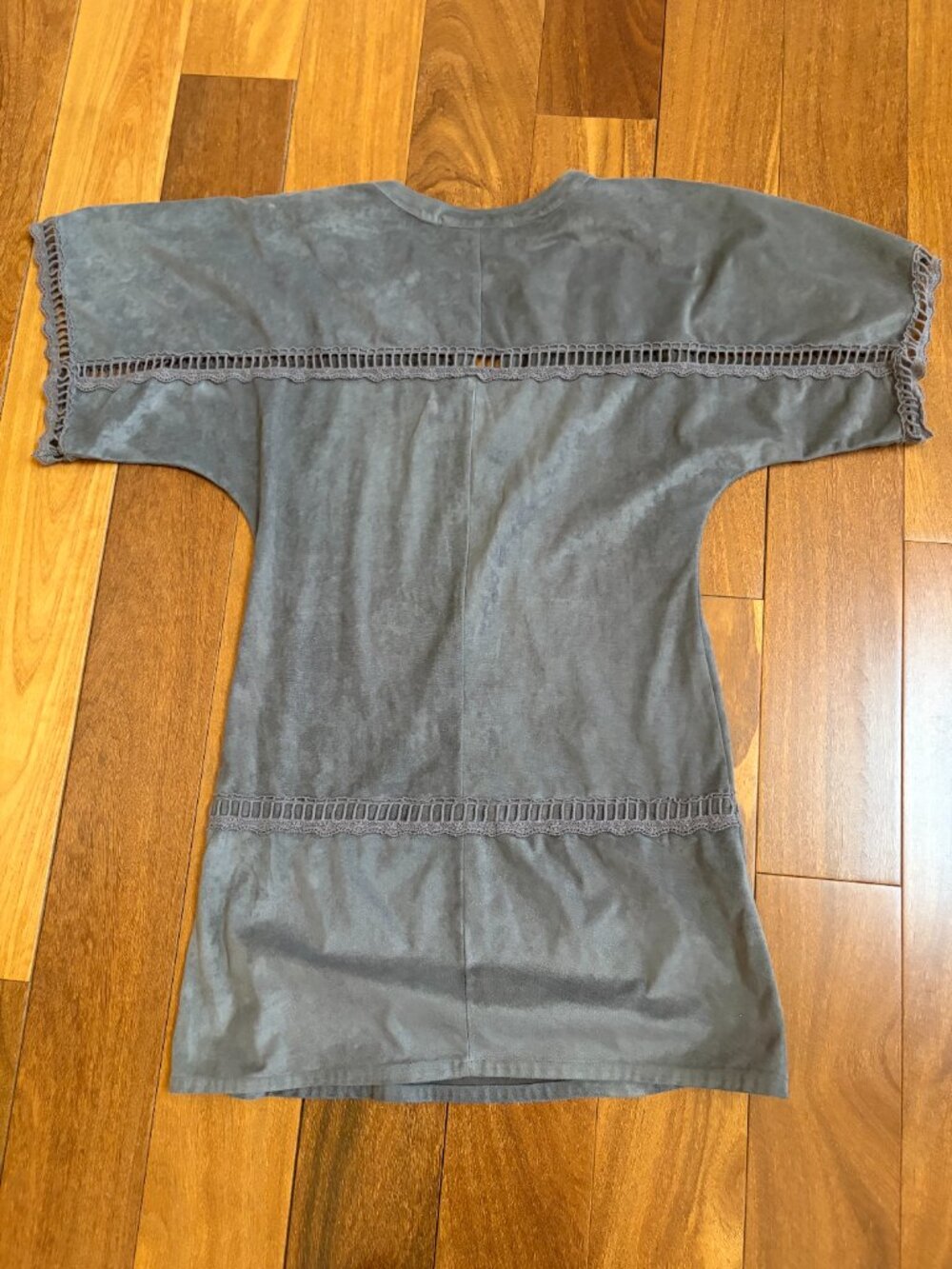 Millia faux suede grey short sleeve boho mini dress or tunic with intricate lace - Picture 2 of 3